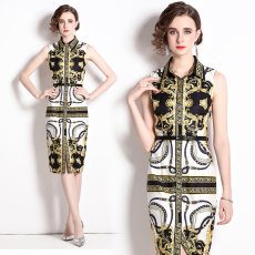 批发实拍2022新款气质翻领无袖复古<b class='q'>巴洛克</b>印花<b class='q'>连衣裙</b>送腰带