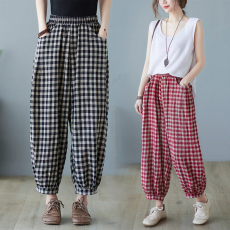 批发实拍夏季新款复古文艺格子棉麻女松紧腰显瘦<b class='q'>哈伦</b>裤灯笼裤休闲裤子