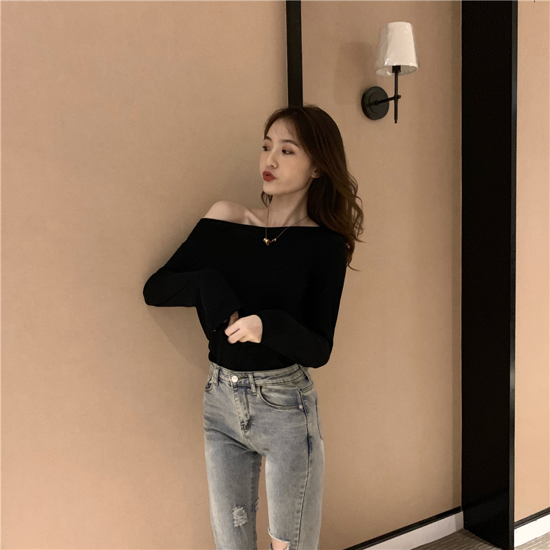 실사 정가 비스듬한 어깨 의류 여성 긴 소매 몸매 가꾸기 섹시함 오프숄더 심장 기계 누출 쇄골 티셔츠 오프숄더 기본 셔츠