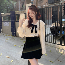 批发实价实拍<b class='q'>娃娃</b>领衬衫叠穿衬衣上设计感蝴蝶结白色内搭