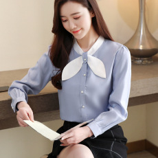 批发实拍长袖<b class='q'>雪纺衫</b>气质春装新款女装撞色蝴蝶结衬衫小衫女打底衫