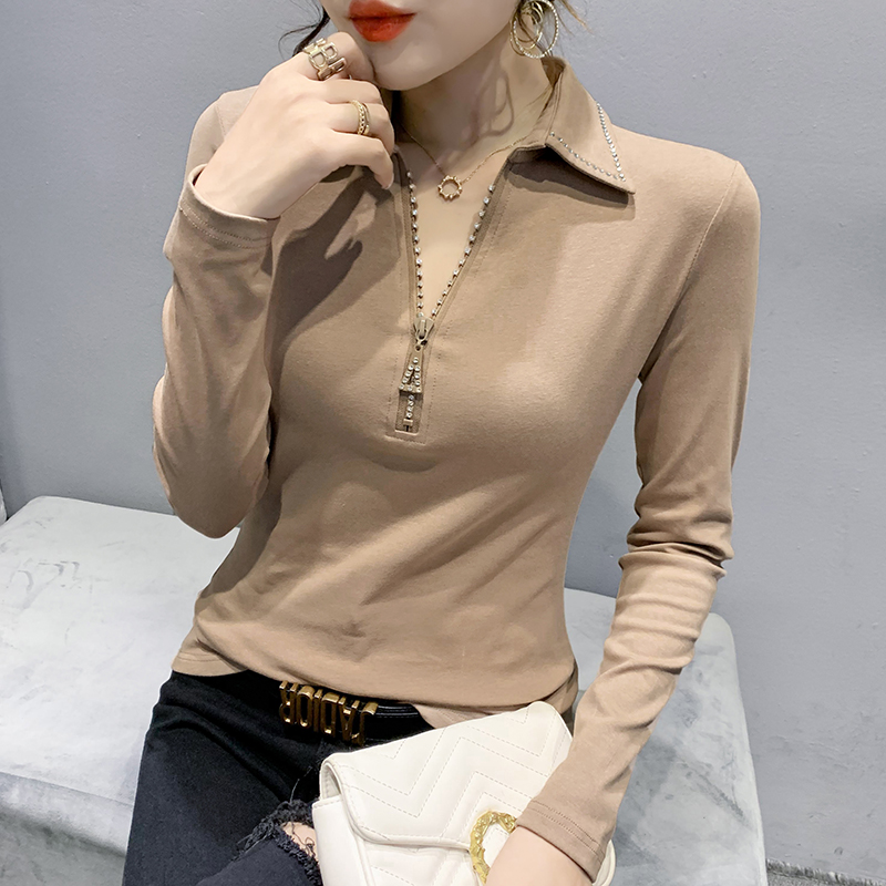 가을 셔츠 칼라 몸매 가꾸기 품격 슬림해 보이는 외국 가스 작은 셔츠 훈련 지퍼 다용도 만나는 긴팔 티셔츠 조류 소녀