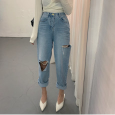 批发大货已出 <b class='q'>韩国</b>复古做旧高腰宽松破洞直筒可卷边九分牛仔