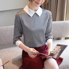 批发实拍洋气春秋缎面仿<b class='q'>真丝</b>女装翻领千鸟格雪纺衫开衫<b class='q'>衬衫</b>打底衫<b class='q'>衬衣</b>