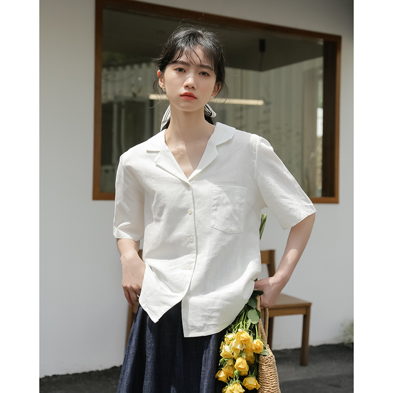 둘째 머리카락 실사 여름 새로운 문예 면 린넨 신선함 V넥 부드러운 셔츠 맨위 여성