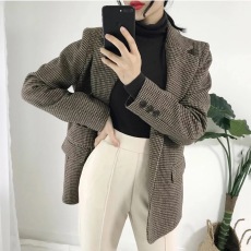批发2026秋冬千鸟格西装外套女韩国英伦风加厚格子复古短款小个子
