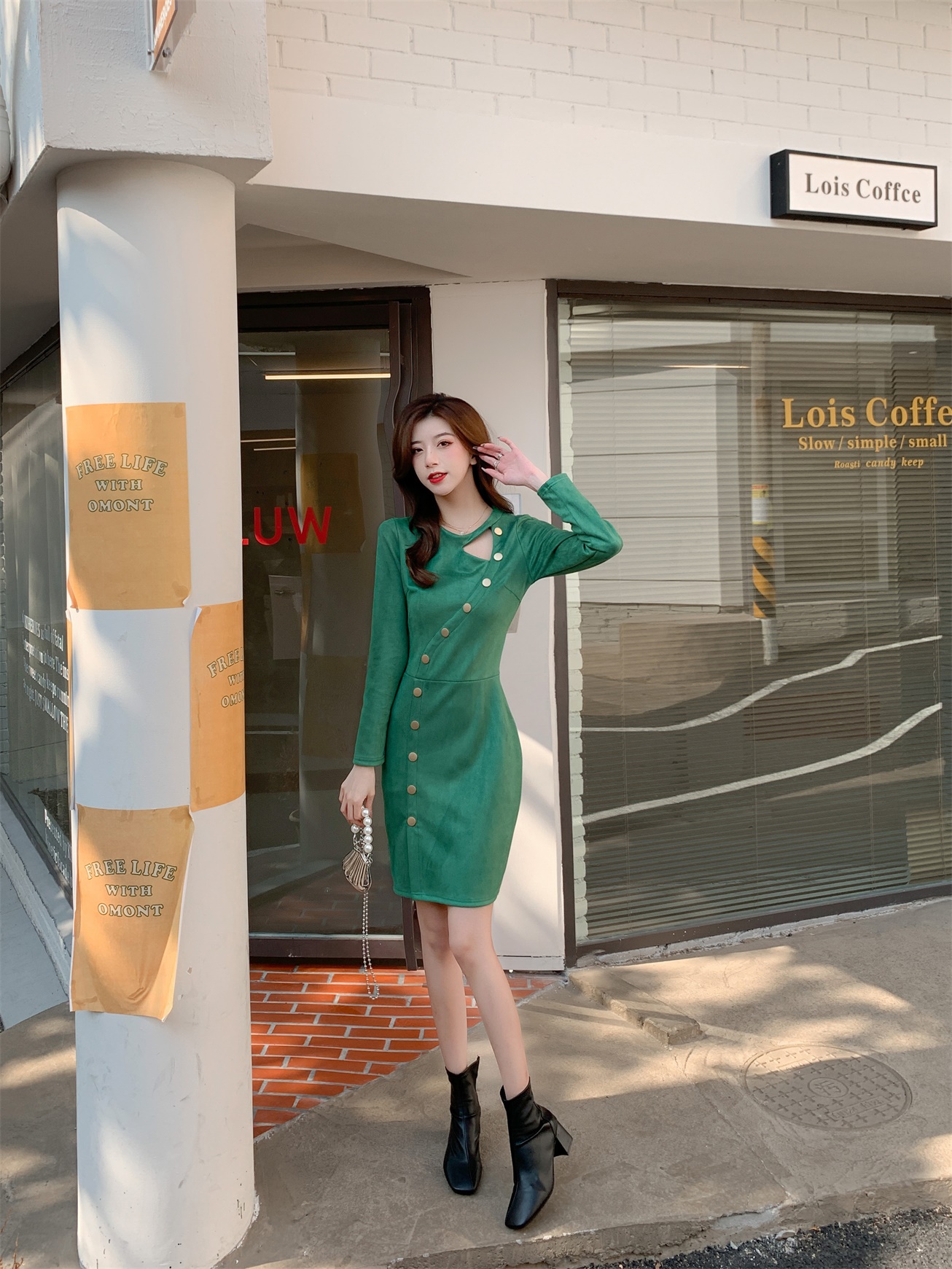 MY16340# 时髦洋气鹿皮绒洋气不规则单排扣包臀连衣裙女裝貨源服裝批發