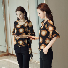 夏季印花雪纺衫女士韩版特色显瘦气质小衫喇叭袖上衣夏天短袖衣服