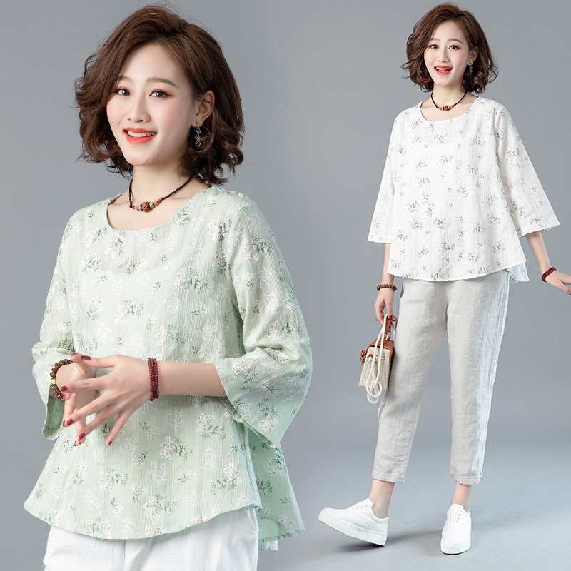 실사 재고 있음 문예 빅 사이즈 여성 의류 맨위 순면 작은 청신 7부 소매 셔츠 자카드 프린트 라운드 넥 티셔츠