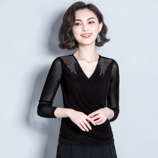 批发2025春秋新款长袖<b class='q'>网纱</b>T恤女v领修身显瘦上衣时尚洋气<b class='q'>打底衫</b>