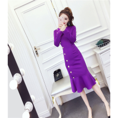 批发实拍2026春时尚名媛气质单排扣中长礼服开叉<b class='q'>显瘦</b>包臀连衣裙