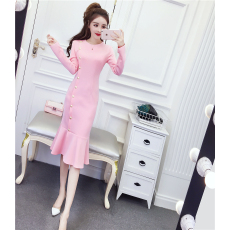 批发实拍2026春时尚名媛气质单排扣中长<b class='q'>礼服</b>开叉显瘦包臀连衣裙