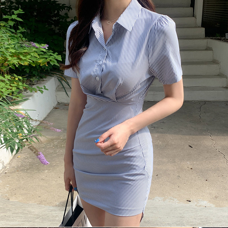 RY2616# 收腰显瘦条纹裙连衣裙修身新款2026年春夏季polo领小个...
