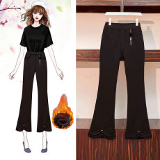 批发实拍大码胖妹妹冬季新款加绒厉害修身微喇裤<b class='q'>牛仔裤</b>女高腰兔毛拼接