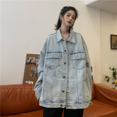 批发实拍实价浅蓝色牛仔外套宽松港味复古泼墨上衣潮