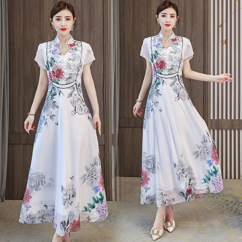 RY5298# 2026夏季新品民族风改良旗袍连衣裙立领短袖印花长连衣裙仙...