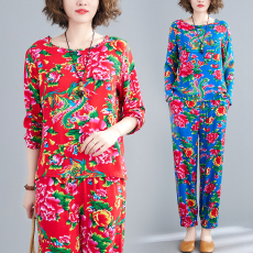 批发实拍<b class='q'>春</b>季新款棉绸东北大花长袖套装两件套长袖+束脚裤