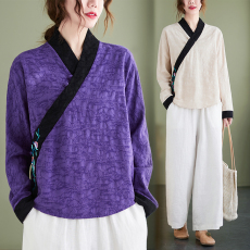 批发实拍2026新中式民族风绣花复古上衣长袖中国风中式盘扣茶服