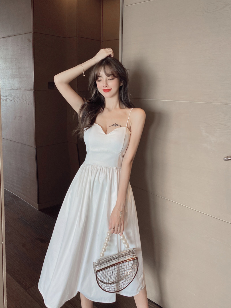 실사 프랑스식 허리 수축 슬립 드레스 퍼프 스커트 섹시함 포장 가슴 레트로 드레스