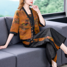 批发2025新款三件套珍珠缎拼接老料龟纹短外套吊带阔腿裤套装