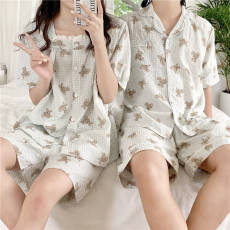 实拍情侣短袖睡衣可爱格子小熊卡通ins套装家居服夏新款外穿