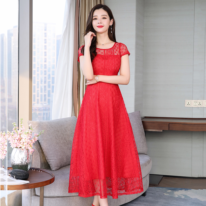 RY591# 2022蕾丝连衣裙女夏天高端气质减龄裙子妈妈遮肚子显瘦大码女装裙