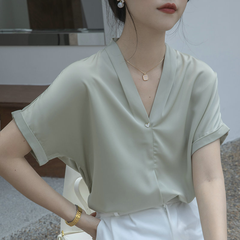 실사 V넥 Feifei 소매 셔츠 여성 출퇴근 풀오버 반팔 단색 셔츠