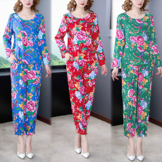 批发实拍<b class='q'>春</b>季新款棉绸东北大花两件套长袖上衣+束脚裤