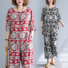 批发实拍 碎花棉麻女装时尚套装短袖T恤衫七分阔腿<b class='q'>哈伦</b><b class='q'>裤</b>洋气两件套潮