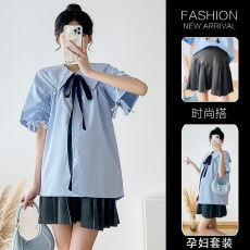 实拍+视频 孕妇娃娃领衬衫上衣+托腹百褶裙孕妇套装