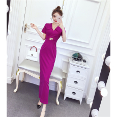 批发实拍2025夏时尚气质网红翻领收腰礼服长裙开叉包臀<b class='q'>连衣裙</b>