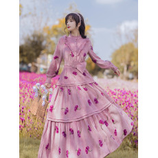 批发实拍紫色绣花灯芯绒连衣<b class='q'>裙</b>长<b class='q'>裙</b><b class='q'>复古</b><b class='q'>长袖</b>收腰大摆<b class='q'>裙</b>+40