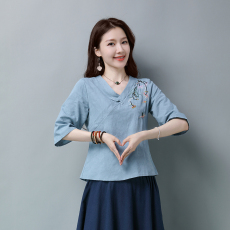 批发实拍有货  棉麻复古衬衫V领斜襟盘扣七分袖上衣女夏<b class='q'>中国风</b>禅茶服