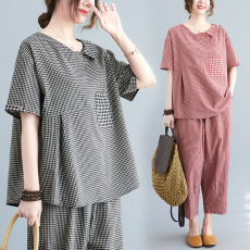 批发实拍2026夏季宽松大码显瘦格子上衣加松紧腰哈伦裤格子套装