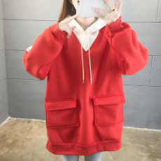 批发实拍100%聚酯纤维秋冬2021时尚拼色连帽长袖加绒卫衣女