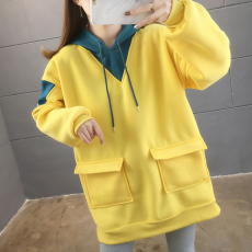批发实拍100%聚酯纤维秋冬2021潮流拼色连帽加绒长袖卫衣女