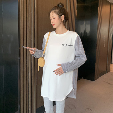 批发实拍孕妇装春秋套装长袖宽松长t恤拼接连衣裙休闲衬衫