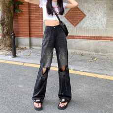 实拍小个子复古破洞直筒牛仔裤女夏季设计感百搭宽松高腰阔腿长裤