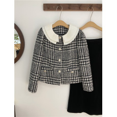 批发韩国东大门2025秋冬女装新款百褶娃娃领单排扣<b class='q'>千鸟格</b>夹棉毛呢外套