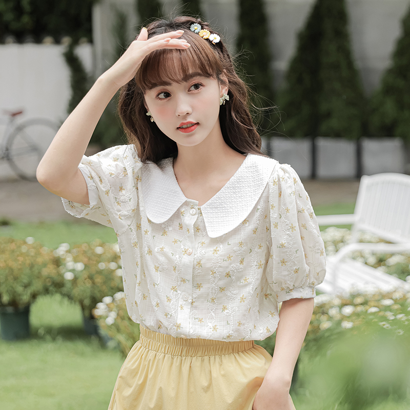 2026 실사 새로운 달콤함 베이비 칼라 꽃무늬 셔츠 여름 디자인 센스 작은 대중 루즈핏 Chic 버블 반팔