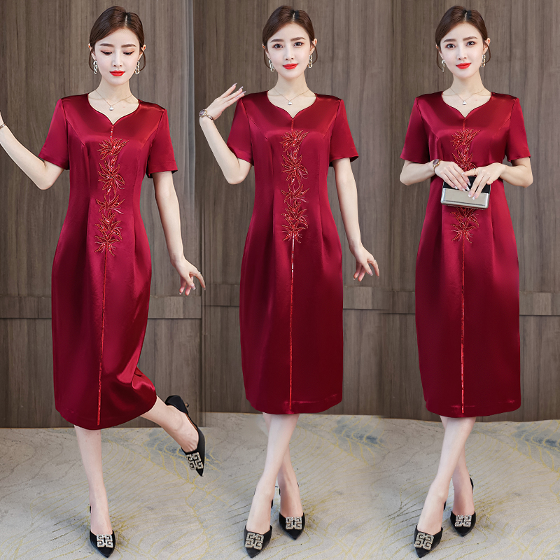 RY5303# 婚宴装高贵婚礼礼服红色中国风改良版旗袍式连衣裙中年