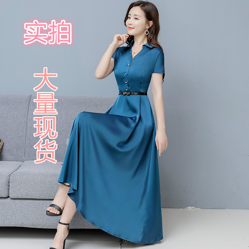 MY7908# 醋酸缎面短袖连衣裙气质显瘦2025夏季洋气遮肚纯色女装女裝...