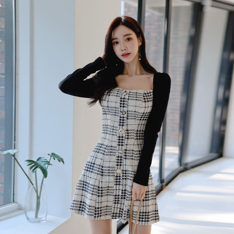 FA14837# 韩版春季气质甜美排扣撞色修身连衣裙女 服裝批發女裝批發服飾貨源