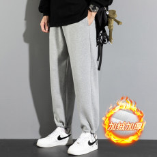 批发2022年秋冬季新款裤子男韩版潮流宽松束脚加绒加厚休闲九分裤
