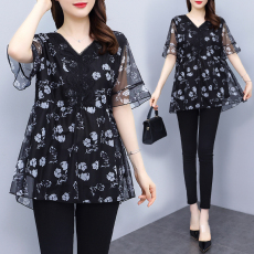 批发2022夏新款遮肚子显瘦大码宽松<b class='q'>印花</b>短袖T恤时尚减龄上衣小衫