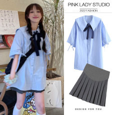 图片已处理  孕妇娃娃领衬衫上衣+托腹百褶裙孕妇套装 实拍中