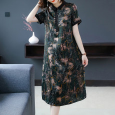 批发2026夏新款香云纱连衣裙女中长款高贵复古立领阔太太桑蚕丝裙