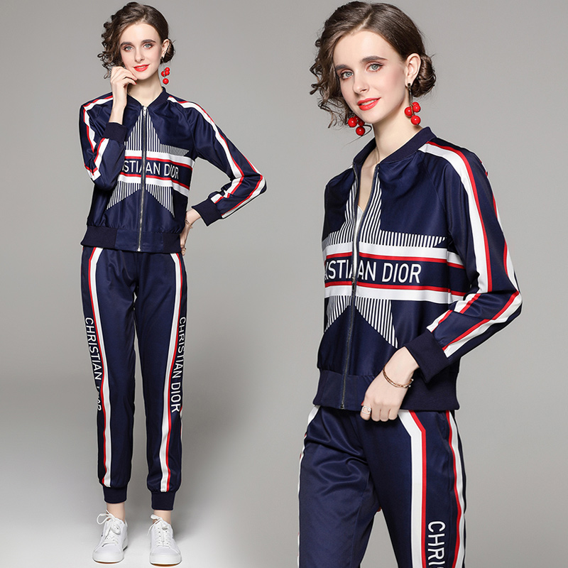 RY2628#欧美时尚百搭开衫定位印花夹克外套+裤子套装