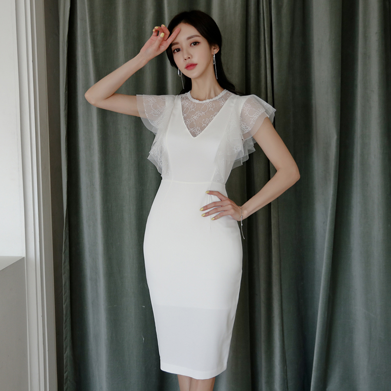 FA17134# 韩版夏装新款网纱拼接圆领修身连衣裙女包臀中裙 服裝批發女裝批發服飾貨源