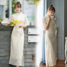 批发2022年春夏新款中国风修身显瘦蕾丝<b class='q'>钉珠</b>盘扣长款旗袍<b class='q'>连衣裙</b>